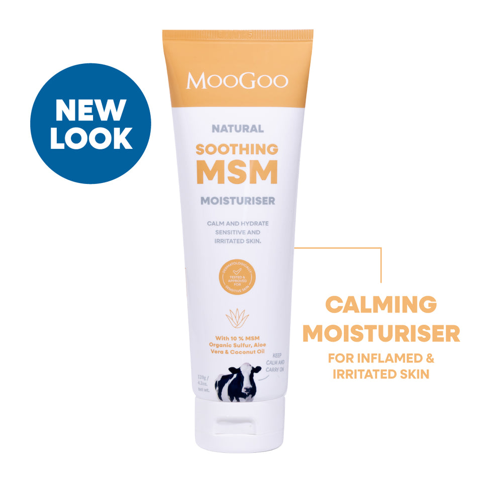 MooGoo Natural Soothing MSM Moisturiser tube on a white background with a blue 'NEW LOOK' badge. Caliming Moisturiser for inflamed and irritated skin. Natural moisturiser with MSM and aloe vera to relieve itchiness, dryness and rosacea sensitivity. 