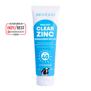 MooGoo Healthy Clear Zinc Sunscreen SPF 40 tube on a white background. No Chemical UV Filters, Zinc Oxide Based Sunscreen, with broad spectrum UVA & UVB protection.