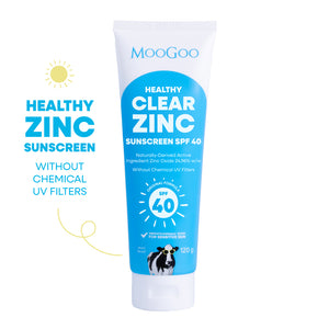 MooGoo Healthy Clear Zinc Sunscreen SPF 40 tube on a white background. No Chemical UV Filters, Zinc Oxide Based Sunscreen, with broad spectrum UVA & UVB protection.