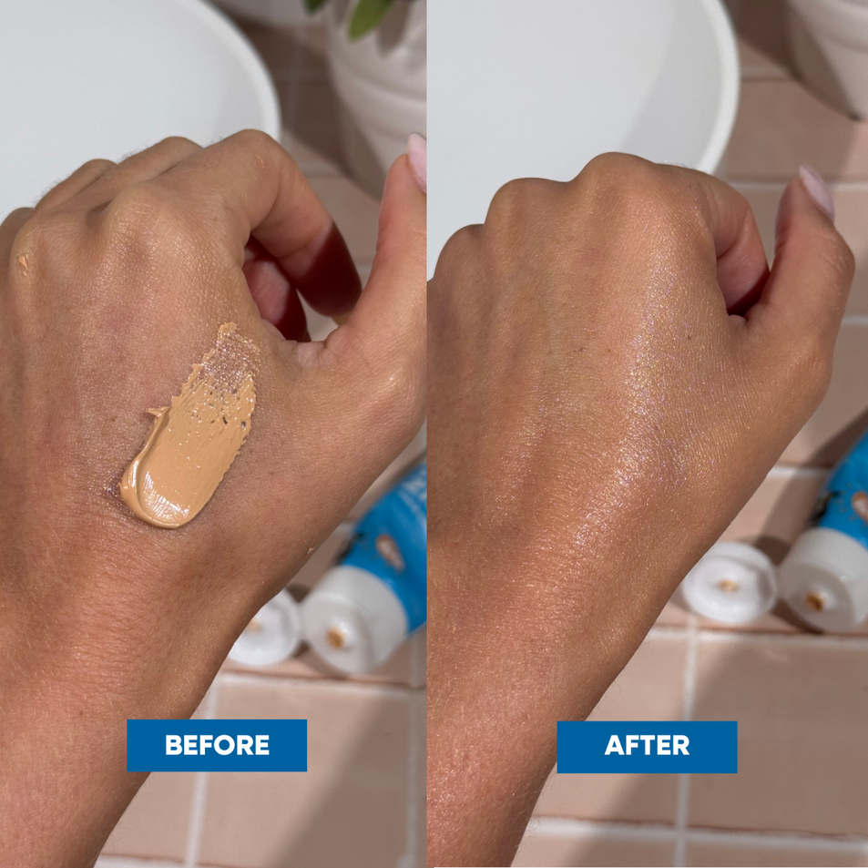 before and after of MooGoo Tinted Face Cream with SPF 40 being rubbed in, product swatch on hand on before side and rubbed in clear on after side