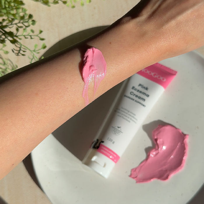 MooGoo Pink Eczema Cream swatch on arm, lightweight Vitamin B12 treatment moisturiser for eczema, psoriasis and dermatitis relief. 