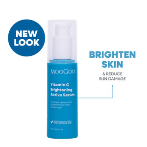 MooGoo Vitamin C Brightening Active Serum on white background with product text, antioxidant serum to target pigmentation, dark spots and sun damage.